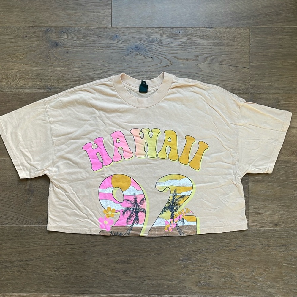 Wild Fable XS Oversized Cropped Graphic T-shirt Hawaii 92 NWOT Apricot Beige